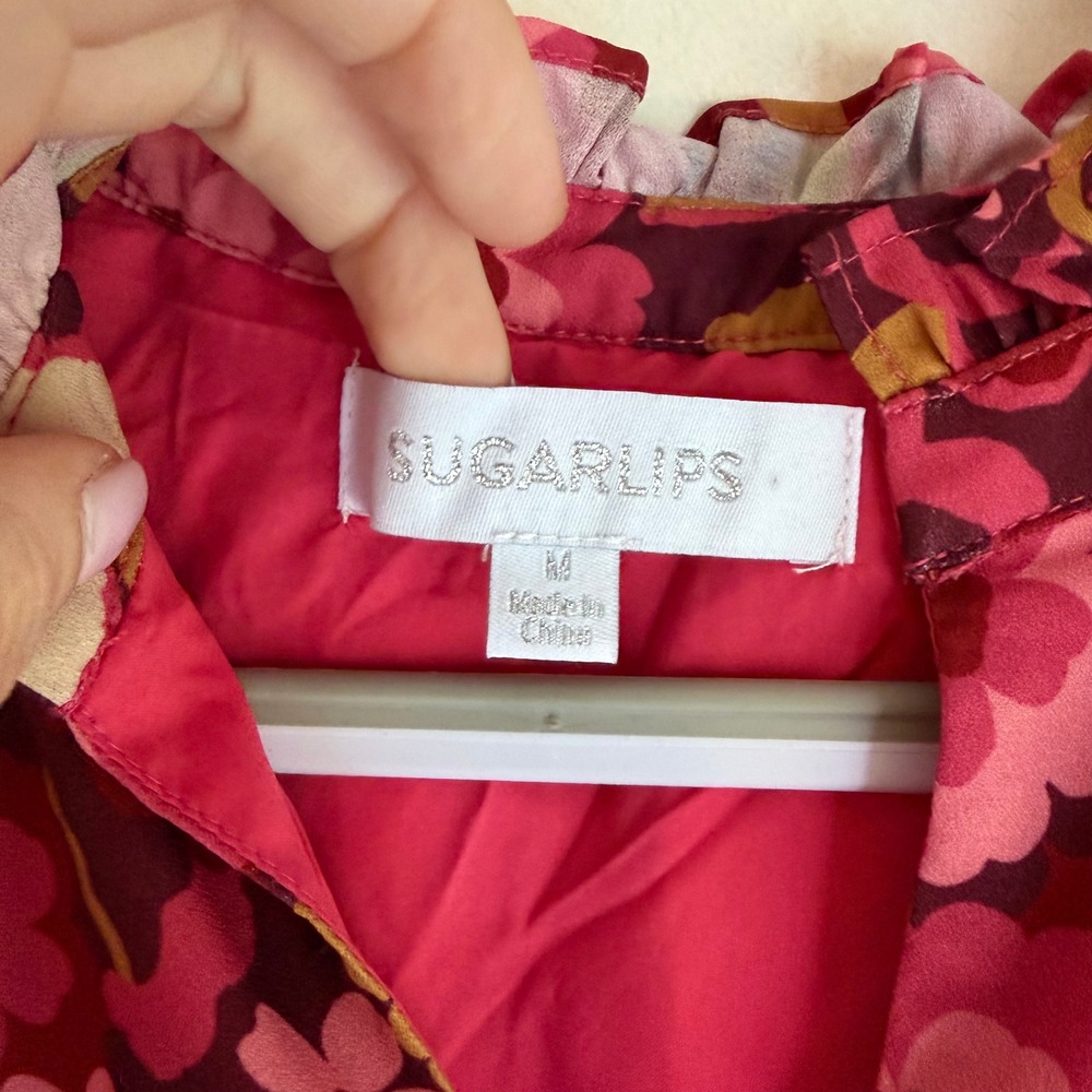 Sugarlips Pink Floral Babydoll Blouse Ruffle Split Neck Puff Sleeve Top STT16780 - Picture 3 of 9